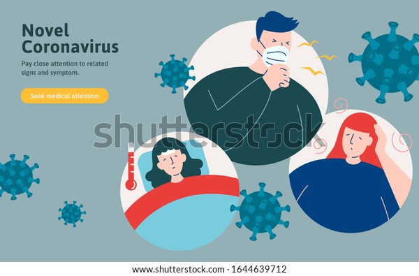 COVID-19 symptoms including cough, fever and\
feeling dizzy in flat\
style