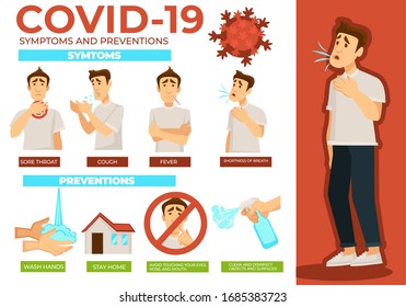 Covid-19 symptoms and preventions. Vector ill man with cough, sore throat and fever, shortness of breath. Wash hands, stay home, avoid touching your eyes, nose and mouse, cleaning disinfect objects