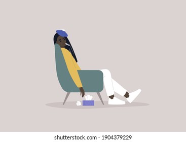 Covid-19 symptoms, a young female Black exhausted character sitting in an armchair with an ice bag on a forehead and a thermometer in her mouth