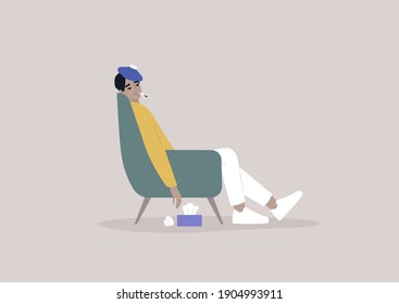 Covid-19 symptoms, a young male Asian exhausted character sitting in an armchair with an ice bag on a forehead and a thermometer in his mouth