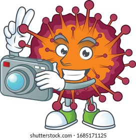 COVID19 syndrome mascot design as a professional photographer with a camera