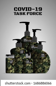 Covid-19 task force. Coronavirus prevention vector poster design. Use hand sanitizers to kill harmful germs and stay protected. Different varieties of hand sanitizer containers on military camouflage.