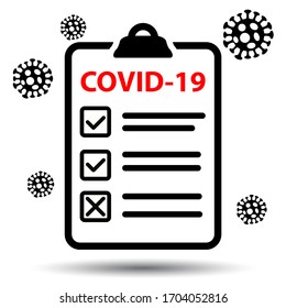 COVID-19-Symbol für die Testplatine. Novel Corona Virus Disease 2019-nCov Pandemic Krankheit Gesundheitswesen Nachricht Business-Konzept.
Medizinischer Prüflisten-Bericht mit zugelassenem Coronavirus-Diagnosezeichen auf Weiß