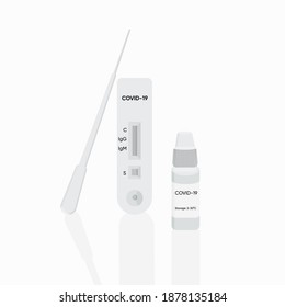 Covid-19 test cassette, pipette, sample buffer isolated on white background. Vector illustration of coronavirus rapid test.