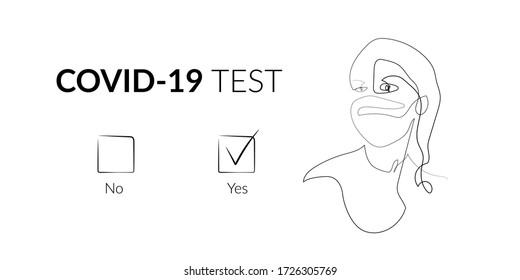 Ensayo Covid-19. Casilla de verificación. Positivo. Dibujo de una línea de la doctora retrato con una máscara. Medicina. Pandemia del virus de Corona. Ilustración vectorial en blanco y negro. Cartel, afiche.