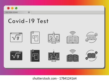 conjunto de iconos de prueba covid-19. incluye química, retroalimentación, matemáticas, libro, introduzca iconos en fondo blanco. estilos lineales y llenos.