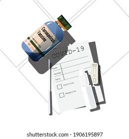 COVID-19-Testkit und Impfstoff - Vektorgrafik