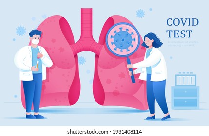 COVID-19 test in laboratory. Scientist team holding magnifier and test tube and trying to find viruses in the lungs.