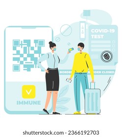 Covid-19 test scene. Vector illustration of man traveler and woman inspector wearing mask at airport departure checkpoint. New normal of travelling concept