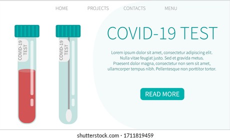 COVID-19 test. Tubes with blood sample. Concept of Coronavirus rapid test. Lab research and diagnosis. Web page design templates.