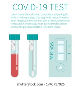COVID-19 test. Tubes with blood sample. Concept of Coronavirus rapid test. Lab research and diagnosis. Vector illustration in flat style. Banner template with text.