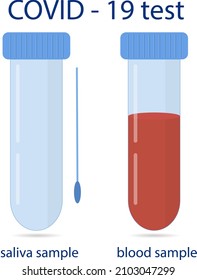 Ensayo Covid-19. Tubos con muestra de sangre, saliva. Prueba rápida de coronavirus. Ilustración vectorial.