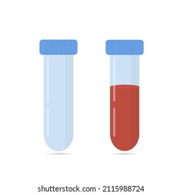 Ensayo Covid-19. Tubos con muestra de sangre, saliva. Prueba rápida de coronavirus. Ilustración vectorial.