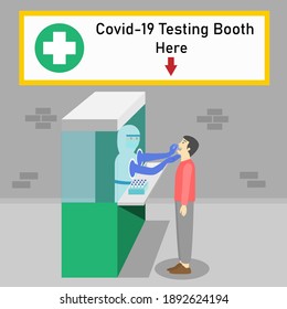 Covid-19 Testing Booth Service. Patient Opening His Mouth For Getting Swab Test. Mobile Corona Virus Test Site.