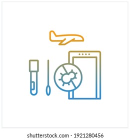 Icono de gradiente de prueba Covid-19. Ensayos obligatorios de pasajeros antes de abordar el avión. Nuevo concepto normal del aeropuerto. Ilustración vectorial aislada.Adecuada para banners, aplicaciones móviles y presentación