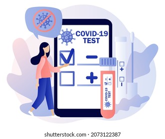 Covid-19 testing. Positive or negative testing result in smartphone app. Tiny doctor or nurse doing Coronavirus PCR test. Patient receiving Covid-19 rapid test. Modern flat cartoon style. Vector