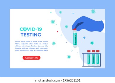 COVID-19 testing. Tubes with saliva sample. Coronavirus test. Lab research and diagnosis. Medicine Landing page website or banner template. Vector concept in flat style.