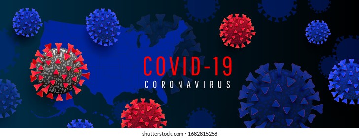 Texto COVID-19. Fondo oscuro de plantilla horizontal con células de bacteria de coronavirus
