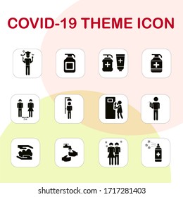 covid-19 Theme Icon. die Ikonenreinigung der Hände, die Reinigung der Hände, das Baden, die Reinigung der Türen, das Kochen von gefährlichen Tieren, das Bewahren der sozialen Distanz und das Spritzen von Desinfektionsmitteln. usw.