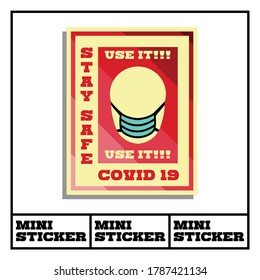 Covid-19 theme mini sticker. Use mask instruction. Vector stock file. Eps 10 format file. 