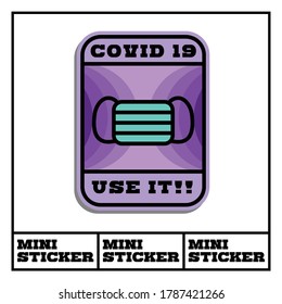 Covid-19 theme mini sticker. Use mask instruction. Vector stock file. Eps 10 format file. 