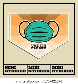 Covid-19 theme mini sticker. Use mask instruction. Vector stock file. Eps 10 format file. 