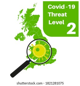 Covid-19  Threat Level 2  Green  Map And Magnifying Glass