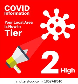 Covid-19 - Tier 2 Local Lockdown vector Illustration on a red background with megaphone and virus logo