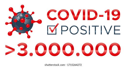 COVID-19 Total Confirmed positive tests. Positive test for COVID-19 Coronavirus more than 3 million people in the world. Number of people with coronavirus worldwide. Isolated vector 3d illustration.