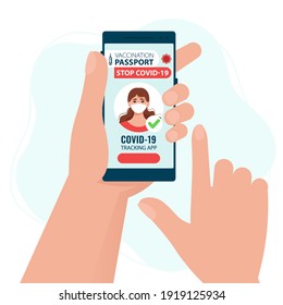 Covid-19 tracking app. Smartphone screen with information to vaccine from coronavirus. Safety travel concept.
Vector illustration in flat style
