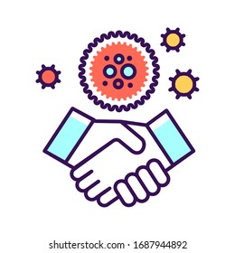 COVID-19 transmitted through  handshake color line icon. Healthcare. Pictogram for web page, mobile app, promo. UI UX GUI design element. 