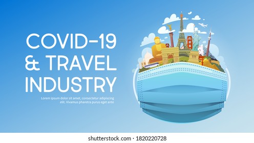 Covid-19 and travel industry. Travel to World. Road trip. Tourism. Medical mask with landmarks. Travelling illustration. Modern flat design.