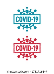 Covid-19 turquoise solid and red ink rubber stamp badges with Novel Coronavirus icons on white background.