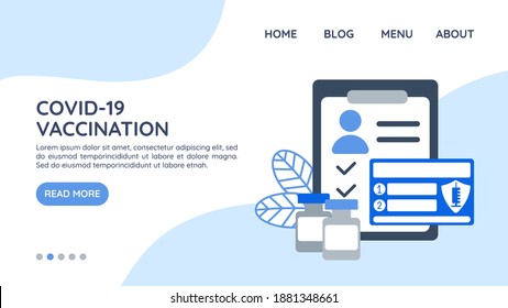 Covid-19 two dose immunization campaign Landing page template. Concept reminder about coronavirus vaccination. Passport of recipient shot vaccine, bottles of antivirus, list. Vector flat illustration
