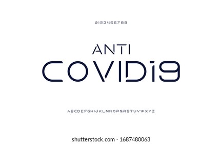 Covid-19 typeface. Modern alphabet font. Classic uppercase set a to z. Corona virus disease typography designs.