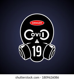 Covid-19 typography design. Gas mask with danger sign. Coronavirus awareness and prevention pictogram. Facemask reminder. Vector illustration. Visual communication design. Biohazard warning.
