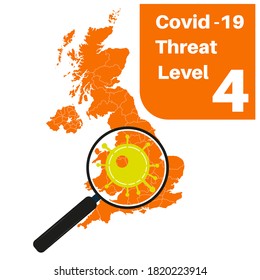 Covid-19 UK Amber Alert Threat Level 4 With Map And Magnifying Glass