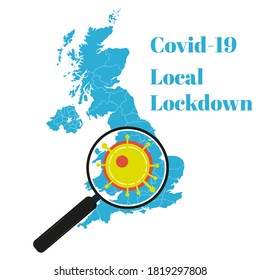 Covid-19 UK local lockdown with map and magnifying glass