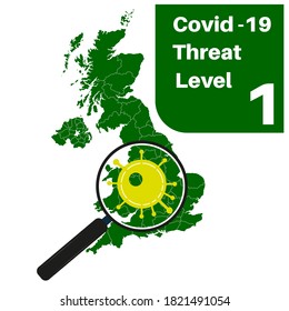 Covid-19 UK Threat Level 1 (Green) with map and magnifying glass