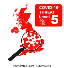 Covid-19 UK Threat Level 5 (Red) With Map And Magnifying Glass