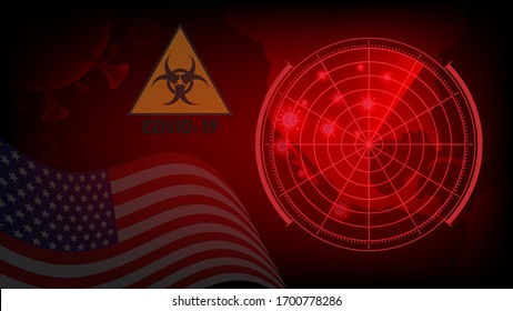 COVID-19 In United States. Coronavirus In Usa. Map of coronavirus pandemic in Usa. Image of Flu COVID-19 coronavirus and america flag. Pandemic medical health risk concept.Coronavirus control in USA.