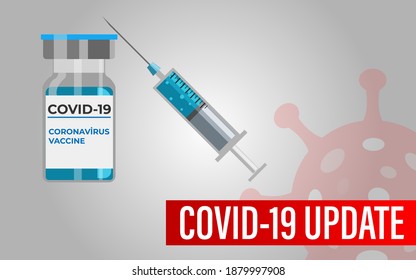 Covid-19 updates concept. Updates text on red stripe. Coronavirus news. Corona virus vaccine vial and syringe vector on isolated gray background.