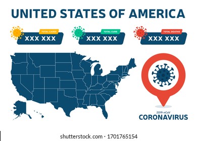 Covid-19 USA map confirmed cases, cure, deaths report worldwide globally. Coronavirus disease 2019 situation update worldwide. America Maps and news headline show situation and stats background