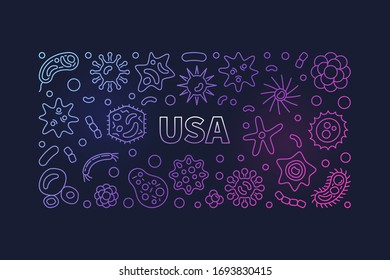 COVID-19 in USA vector colored horizontal banner. America 2019-ncov concept outline illustration on dark background 