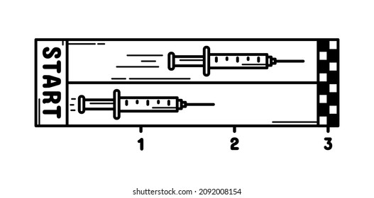 Covid-19 vaccin syringes race, third vaccination, 3rd jab injection, race against virus concept icon, isolated on white background.