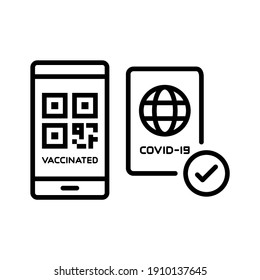 Covid-19 vaccinated application on mobile with passport. Line vector Isolated on white background.