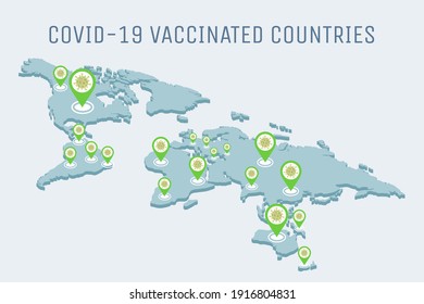 Covid-19 vaccinated countries vector flat illustration. Global pandemic of Coronavirus outbreak on Earth is going down concept. Covid-19 vaccine in all countries in the world.