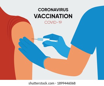 Covid-19 Vaccinating Vector Illustration. Doctor giving injection to arm. Hand of medical staff injecting coronavirus covid-19 vaccine in vaccine syringe to arm muscle. covid-19 immunization