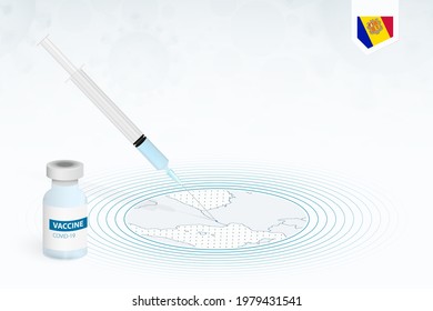 COVID-19 vaccination in Andorra, coronavirus vaccination illustration with vaccine bottle and syringe injection in map of Andorra. Vector template.