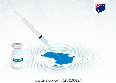 COVID-19 vaccination in Australia, coronavirus vaccination illustration with vaccine bottle and syringe injection in map of Australia. Vector template.